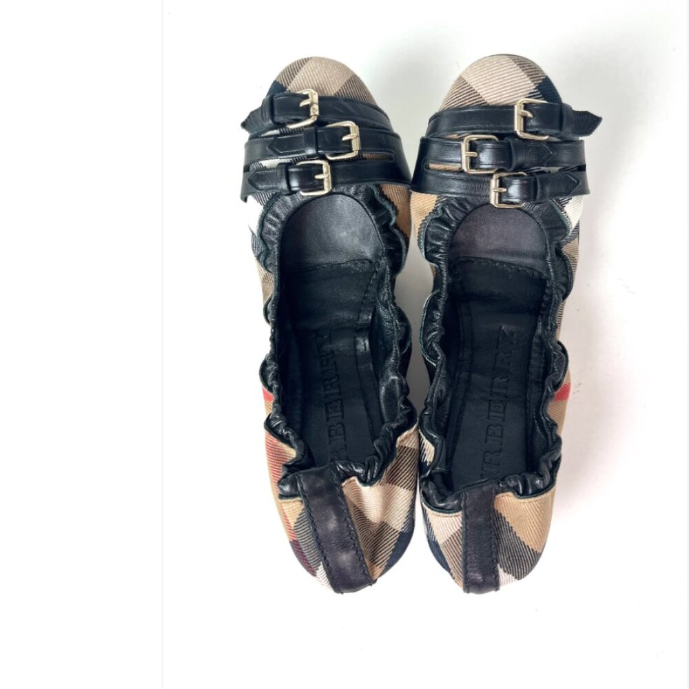 Authentic BURBERRY Bridle House check Falconer Black Canvas Ballerina Size 40